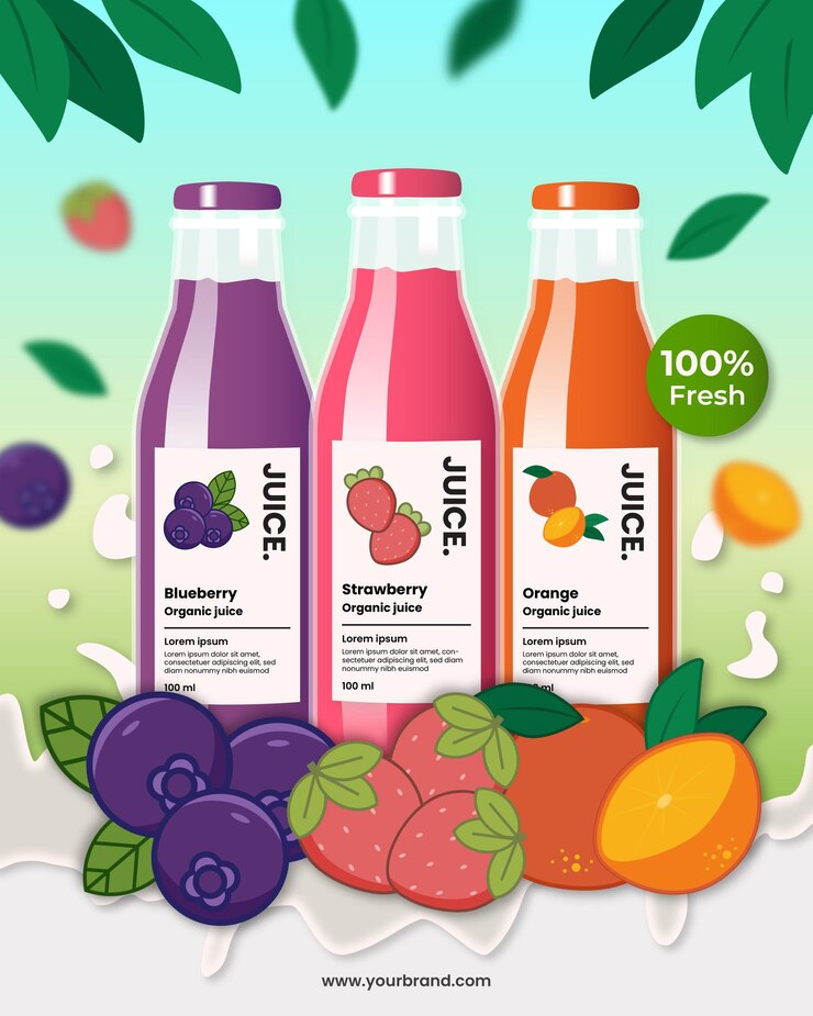 plantilla vectorial de modelo de etiqueta de botella de jugos frescos