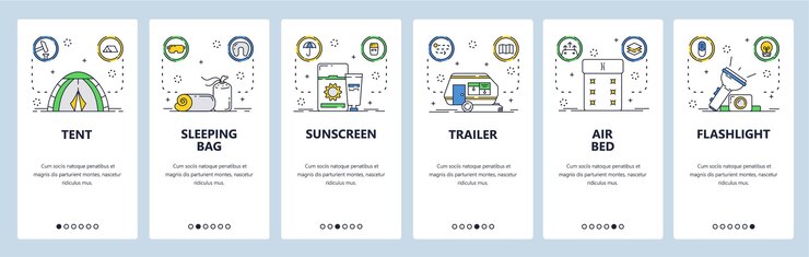 Vector plantilla vectorial de pantallas de incorporación al sitio web y a la aplicación móvil de equipo de acampada