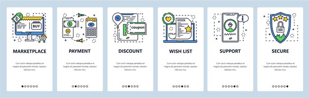 plantilla vectorial de pantallas de incorporación al sitio web del mercado y a las aplicaciones móviles