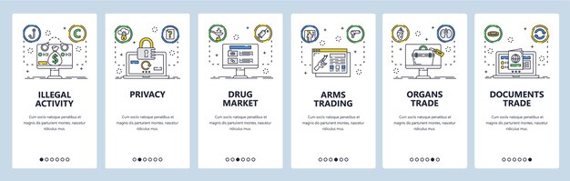 Vector plantilla vectorial de pantallas de incorporación de sitios web y aplicaciones móviles de actividad ilegal