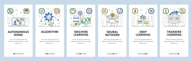 plantilla vectorial de pantallas de incorporación de sitios web de aprendizaje automático y aplicaciones móviles