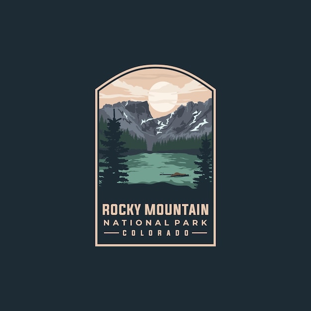 Plantilla vectorial del parque nacional de las Montañas Rocosas. Ilustración histórica de Colorado en estilo emblema.