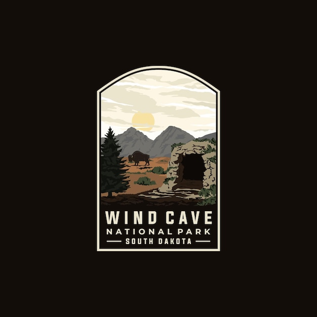 Vector plantilla vectorial del parque nacional wind cave. ilustración histórica de dakota del sur en estilo de emblema de parche.