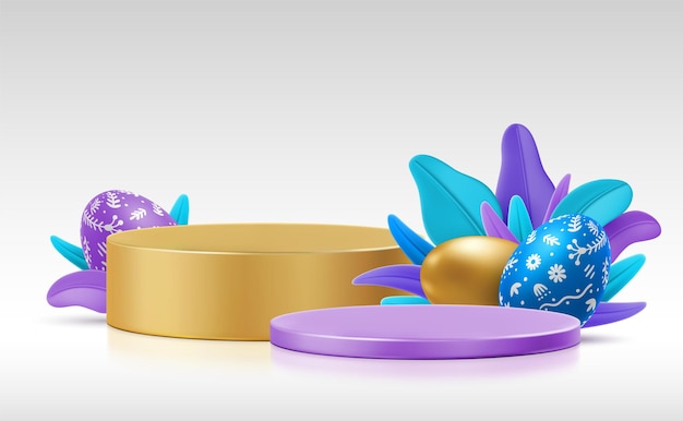 Plantilla vectorial de plataformas 3d para su objeto con huevos de pascua pintados y hierba ilustración colorida del lugar de soporte de podio volumétrico