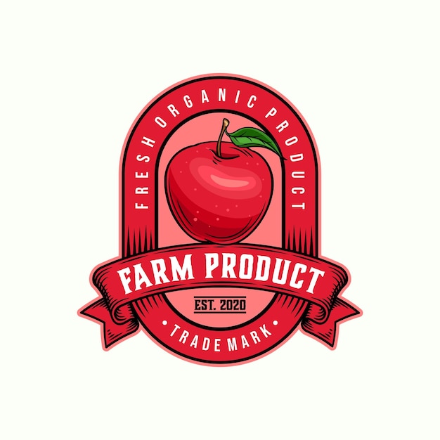 plantilla vectorial de productos agrícolas. ilustraciones retro del jardín de frutas orgánicas naturales en estilo insignia.