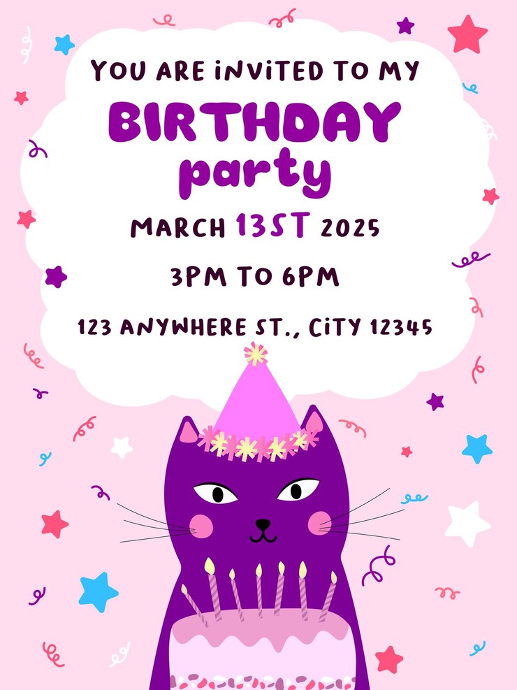 Vector plantilla vectorial de tarjeta de invitación de cumpleaños para niño gato lindo invita a la fiesta de cumpleños de los niños