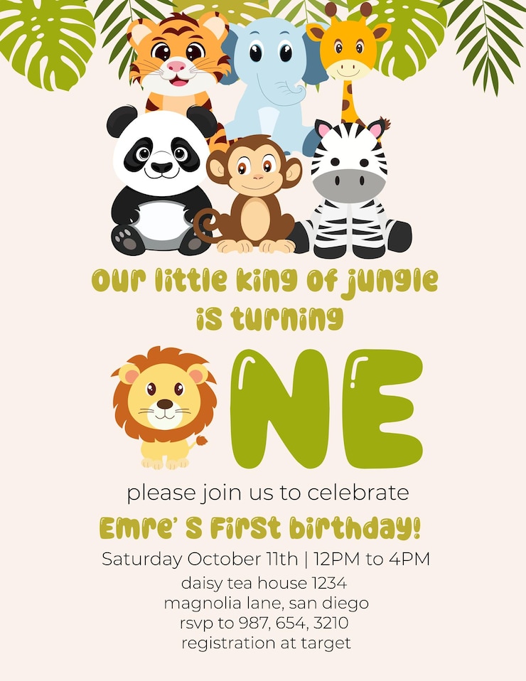 Vector plantilla vectorial de tarjeta de invitación de cumpleaños tema de fiesta de cumpleañas safari con animales y hojas
