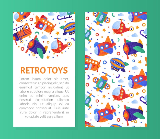 Plantilla vectorial de tarjetas de cobertura coloridas de aviones y aeronaves con ala y hélice vertical