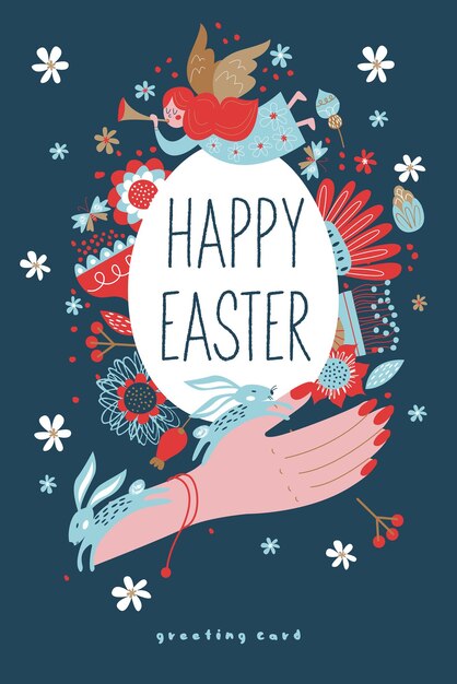 Plantilla vectorial para tarjetas de felicitación navideñas Diseño de primavera Feliz Pascua Huevo de Pascua pintado en la mano Ilustración vectorial sobre un fondo azul