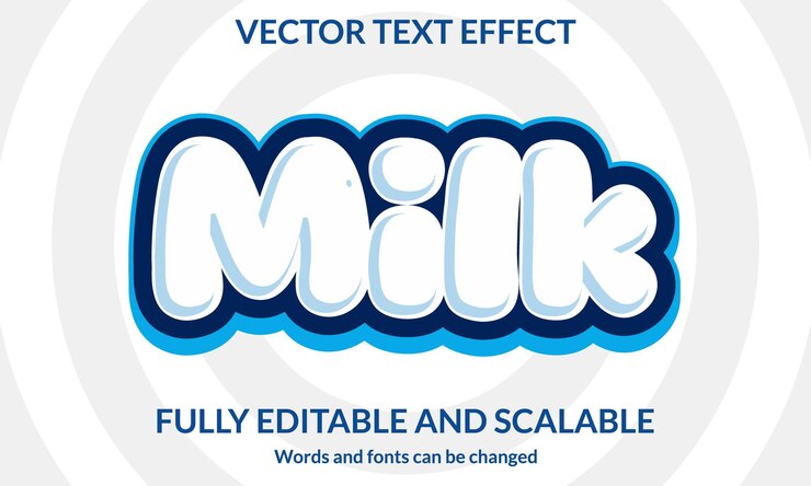 Vector plantilla vectorial de tipografía de efecto de texto editable en 3d de leche