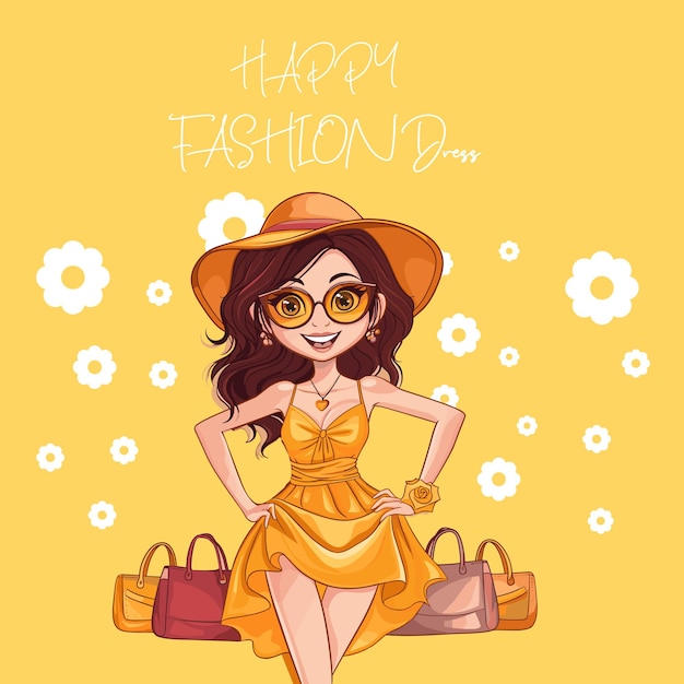 plantilla vectorial de vestido de moda feliz para chicas amarillas