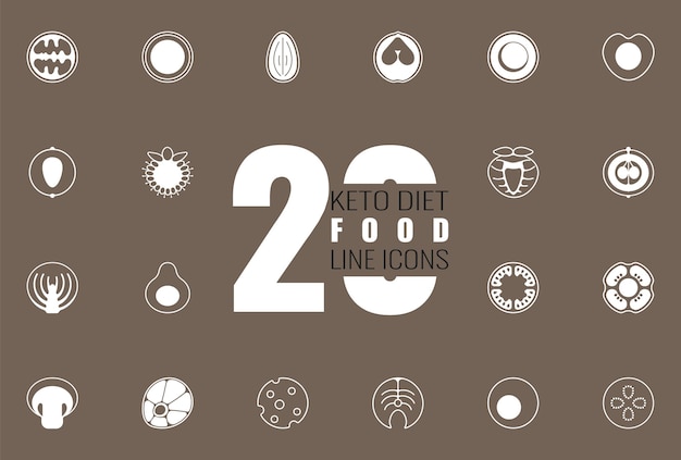 Plantilla de veinte iconos de alimentos de dieta keto lineal