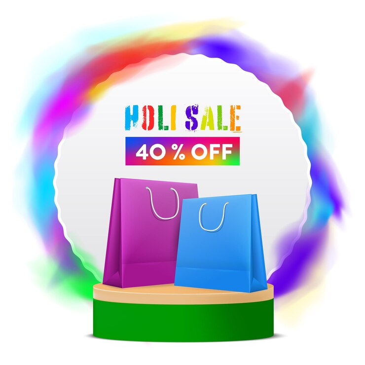 Vector plantilla de venta de holi. bolsas de compras en el podio con fondo colorido