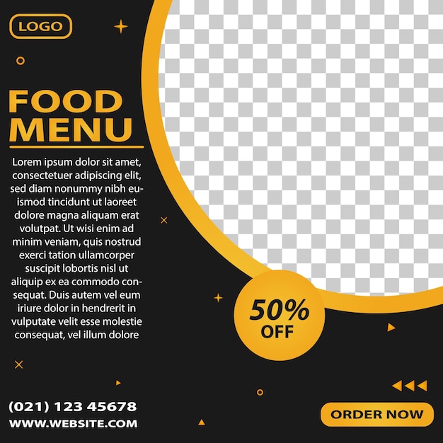 Plantilla de venta de menú de comida editable con espacio libre para la imagen. Perfecto para publicidad en redes sociales.