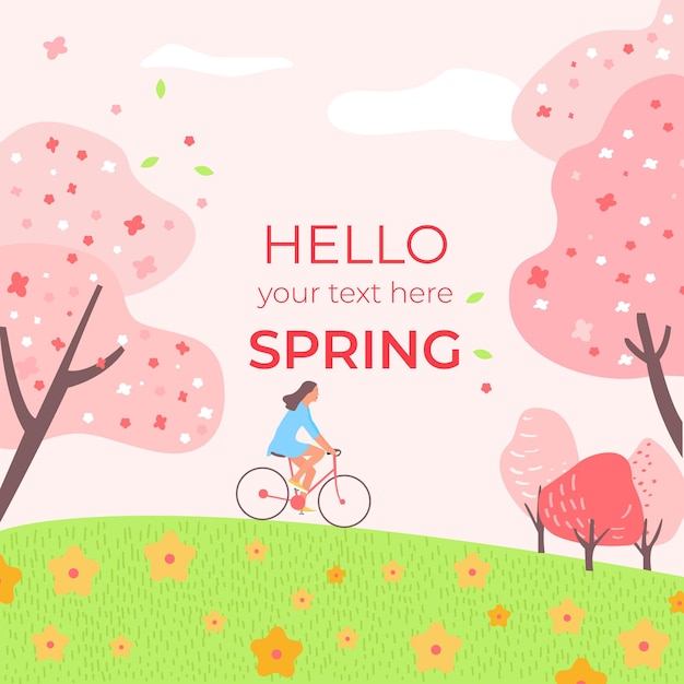 Plantilla de venta de primavera con una chica montando una bicicleta ilustración vectorial eps10 imagen de un spr verde