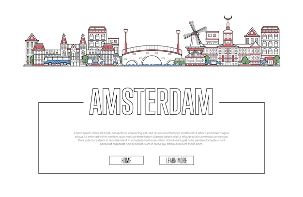 Plantilla de viaje amsterdam en estilo lineal