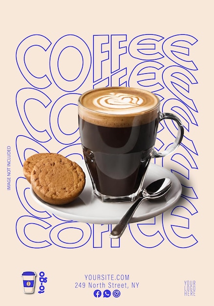 Plantilla de volante de cafetería minimalista con galletas de arte Latte de taza de vidrio y tipografía azul