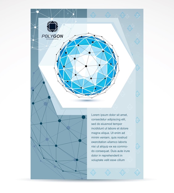 Plantilla de volante corporativo de negocios de tecnologías de comunicación. Ilustración de vector gráfico. Forma azul abstracta tecnológica, figura poligonal.