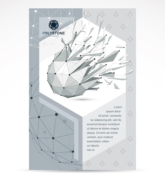 Plantilla de volante corporativo de negocios de tecnologías de comunicación. Ilustración de vector gráfico. Objeto destrozado de estructura alámbrica poligonal en escala de grises 3d abstracto, elemento de diseño geométrico de baja poli.