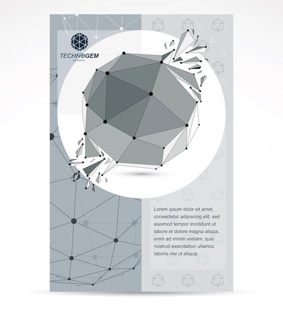 Plantilla de volante corporativo de negocios de tecnologías de comunicación. Ilustración de vector gráfico. Objeto destrozado de estructura alámbrica poligonal en escala de grises 3d abstracto, elemento de diseño geométrico de baja poli.