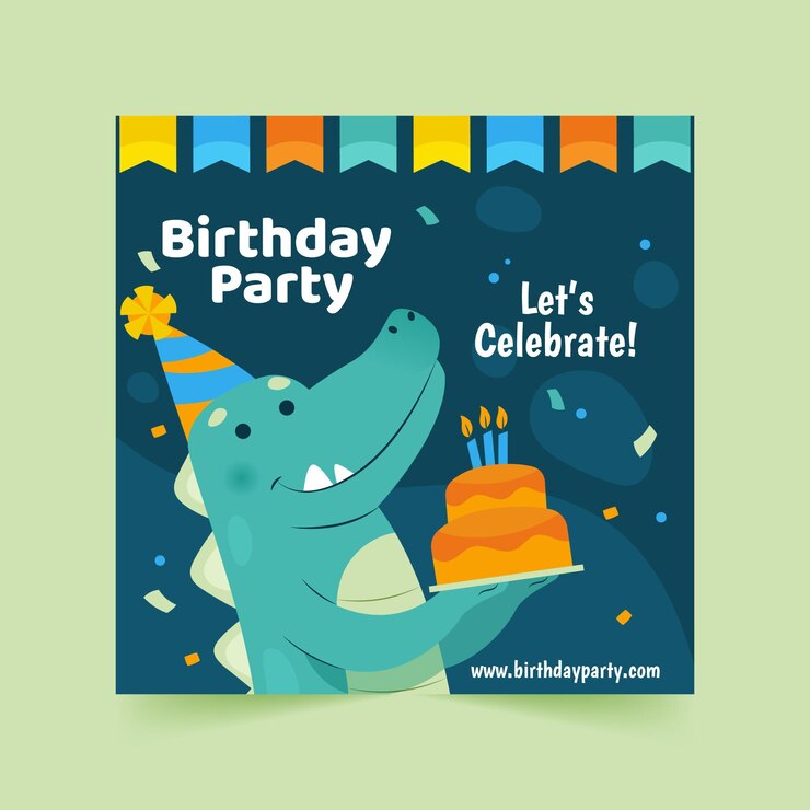 Vector plantilla de volante cuadrado de feliz cumpleaños con dinosaurio