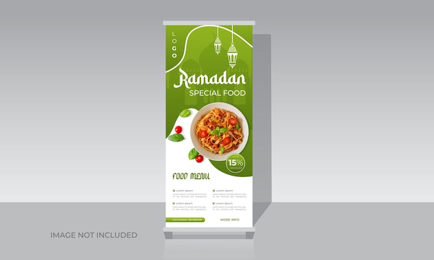 Plantilla de volante de exhibición de menú de fiesta de iftar de soporte de banner enrollable de colección especial de alimentos de Ramadán