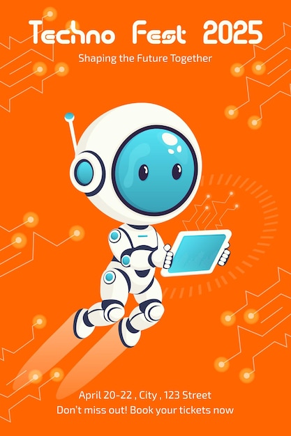 plantilla de volante de festival de tecnología con robot lindo con ilustración vectorial plana de tableta