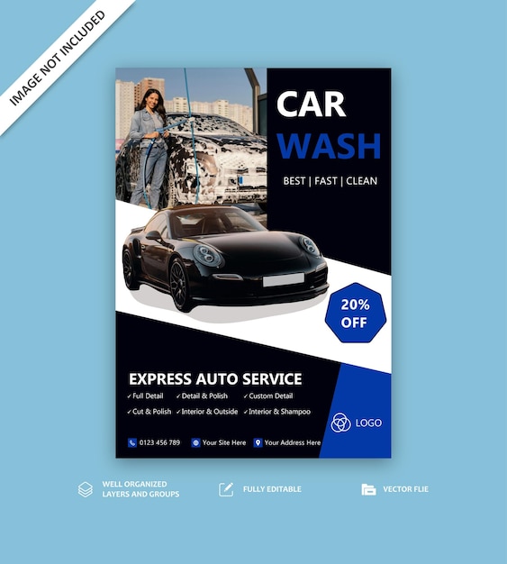 Plantilla de volante de lavado de automóviles Diseño profesional para servicios de limpieza de automóviles