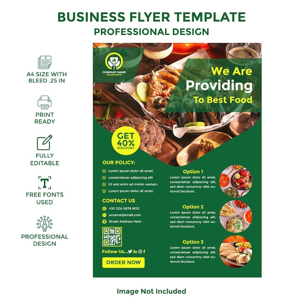plantilla de volante de menú de comida de restaurante de tamaño a4 con diseño de portada de folleto