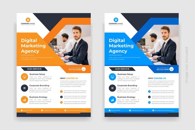 Plantilla de volante de negocios corporativos color naranja azul diseño creativo único Vector Premium