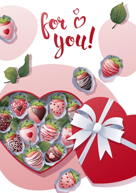 Plantilla de volante de postal para el día de San Valentín Vacaciones románticas un regalo para un ser querido Cartel de pancarta con fresas en chocolate en una caja en forma de corazón hermoso regalo