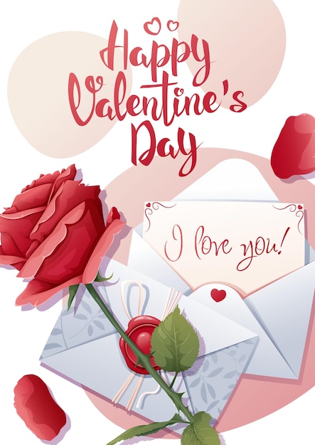 Plantilla de volante de postal para el día de san valentín Vacaciones románticas un regalo para un ser querido Cartel de pancarta con rosas y carta de amor