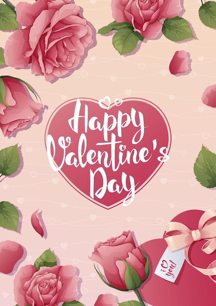 Plantilla de volante de postal para el día de san valentín Vacaciones románticas un regalo para un ser querido Cartel de pancarta con rosas y regalo
