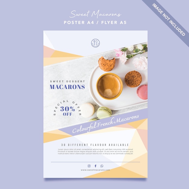 Vector plantilla de volante y póster con diseño de dulces macarons