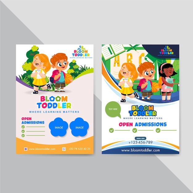 Vector plantilla de volante preescolar con lindo diseño de dibujos animados coloridos