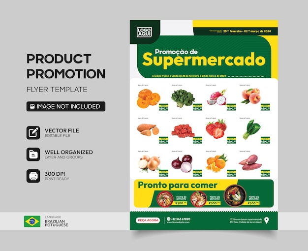 Vector plantilla de volante de producto de supermercado portugués brasileño