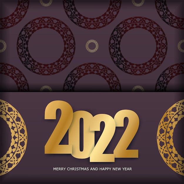Plantilla de volante de saludo de feliz año nuevo 2022 con patrón de oro vintage de color burdeos