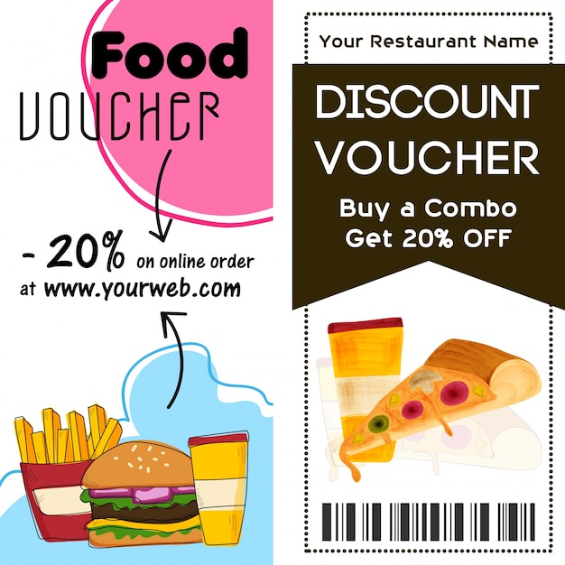 Vector plantilla de voucher de descuento, concepto de comida y bebida.