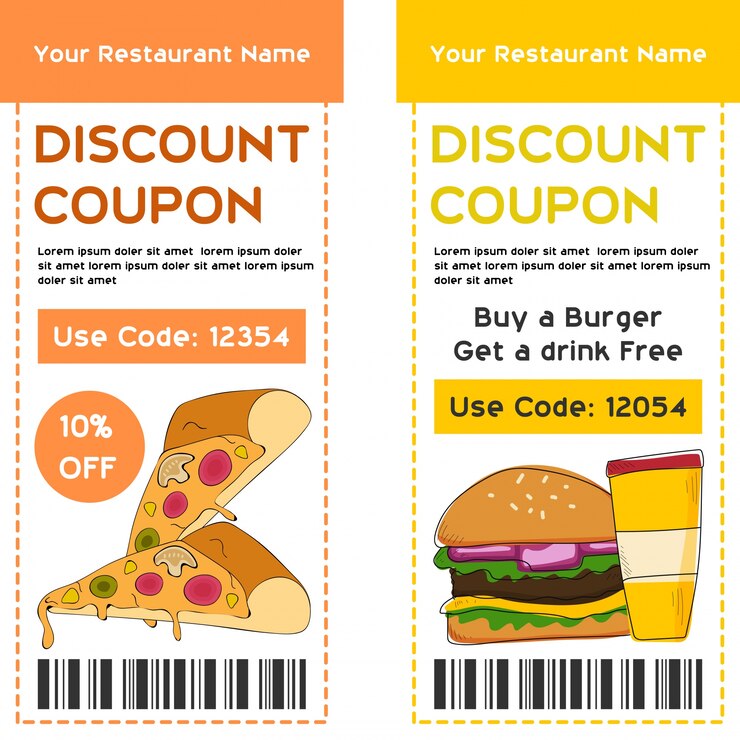 Vector plantilla de voucher de descuento, concepto de comida y bebida.