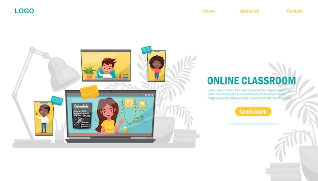 Vector plantilla web digital classroom online education. webinar, aula digital, enseñanza en línea