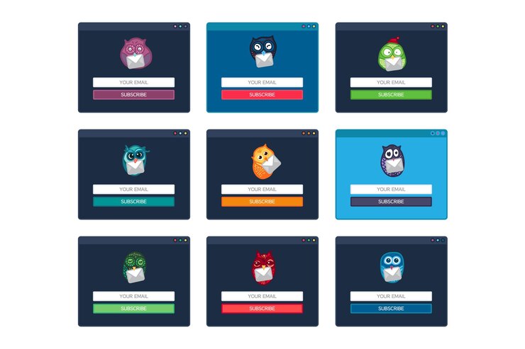 Vector plantilla web, elementos web para forma de sitio de suscripción por correo electrónico, boletín con fun owl. vector