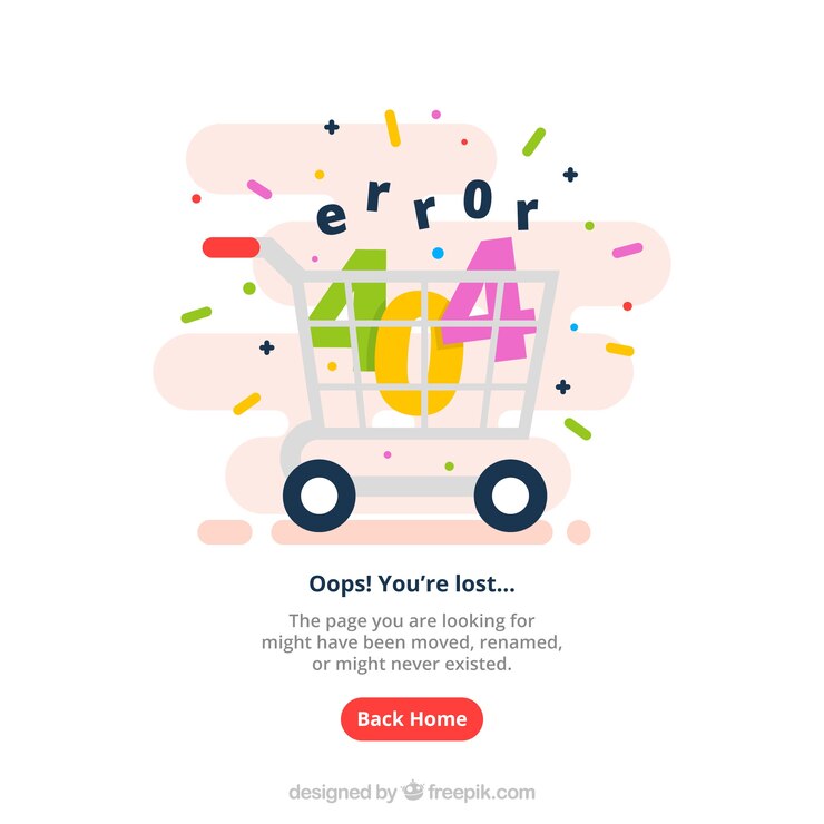 Vector plantilla de web error 404 con carrito de la compra en estilo plano