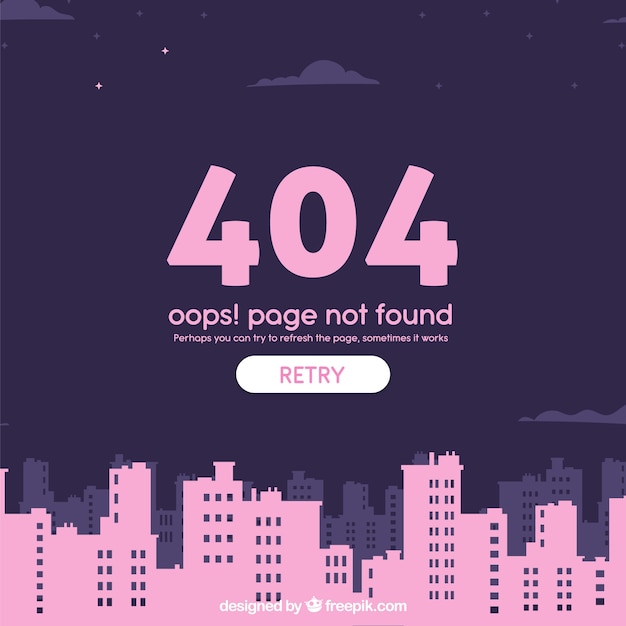 Plantilla web de error 404 con ciudad en estilo plano