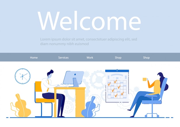 Plantilla web con ilustración, el hombre está trabajando concentrado en la computadora portátil, la chica está descansando bebiendo café. Empleados profesionales Registre lo que hace durante el día de trabajo del curso.