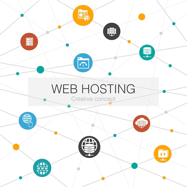 Plantilla web de moda de alojamiento web con iconos simples contiene elementos como el nombre de dominio