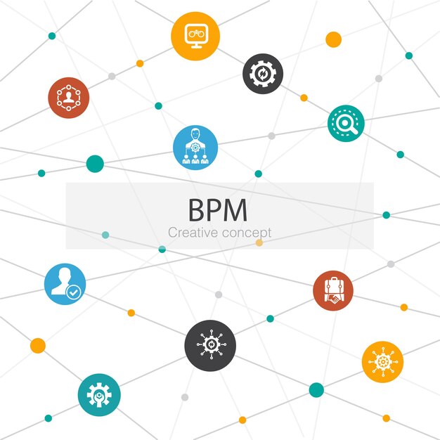 Plantilla web de moda BPM con iconos simples. Contiene elementos tales como negocio, proceso, gestión, organización.