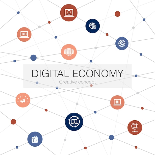 Plantilla web de moda de economía digital con iconos simples. contiene elementos tales como tecnología informática, comercio electrónico, comercio electrónico, centro de datos