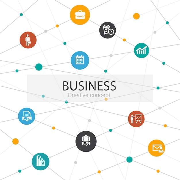 Plantilla web de moda empresarial con iconos simples. Contiene elementos como empresario, maletín, calendario, gráfico.