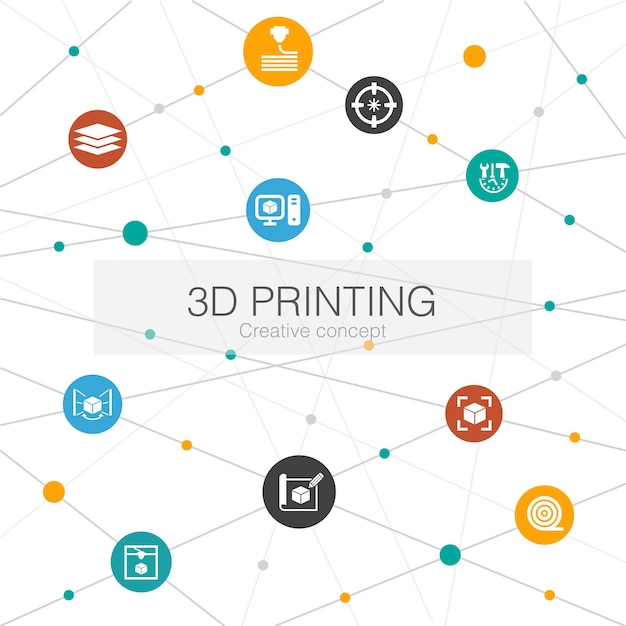 Plantilla web de moda de impresión 3d con iconos simples Contiene elementos tales como iconos de preparación de modelos de creación de prototipos de filamentos de impresora 3d