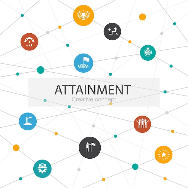 Plantilla web de moda de logro con iconos simples. Contiene elementos como meta, liderazgo, objetivo, iconos de trabajo en equipo.
